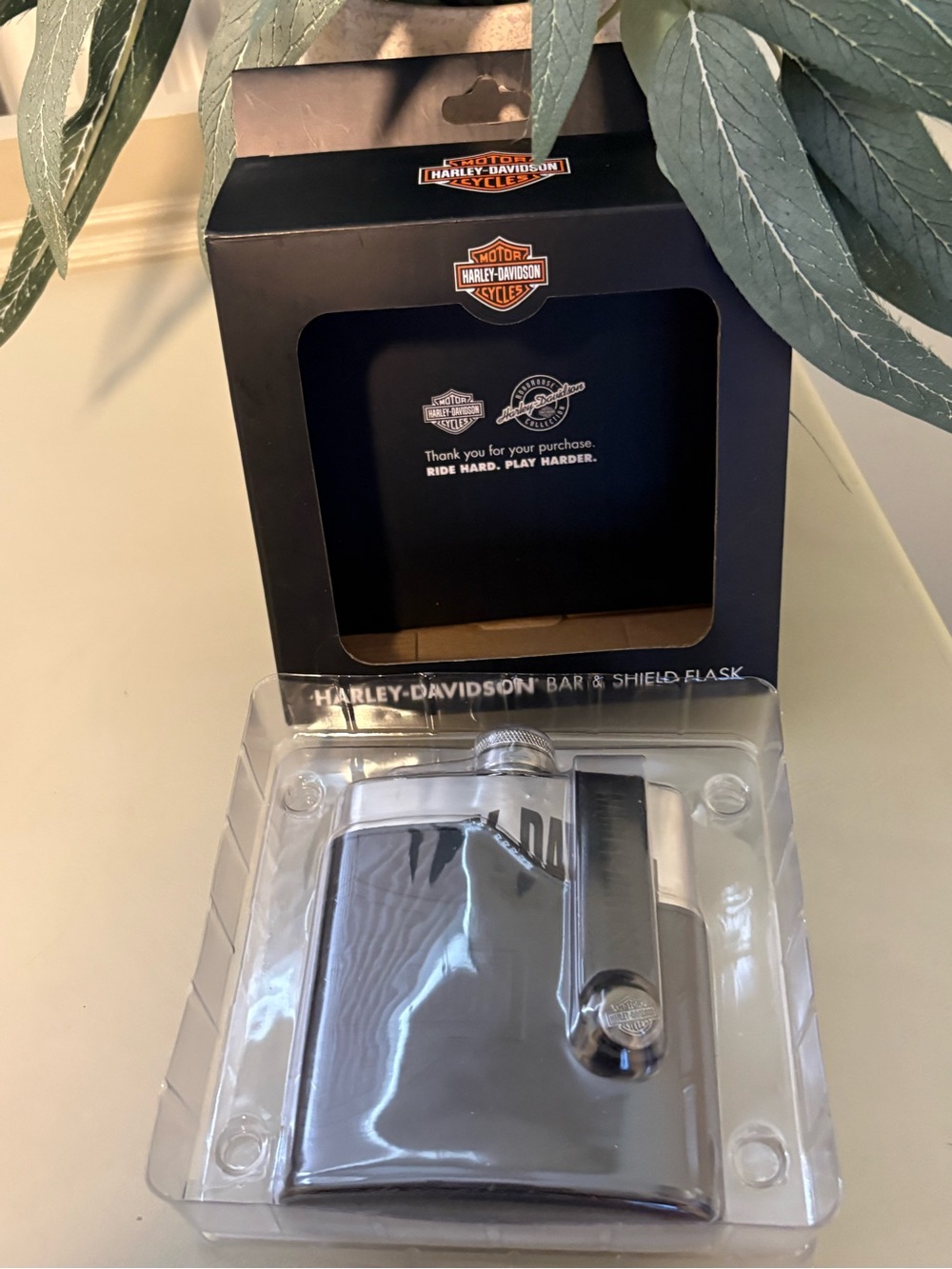 Harley-Davidson Silver Stainless Steel Bar & Shield Flask with Black Strap